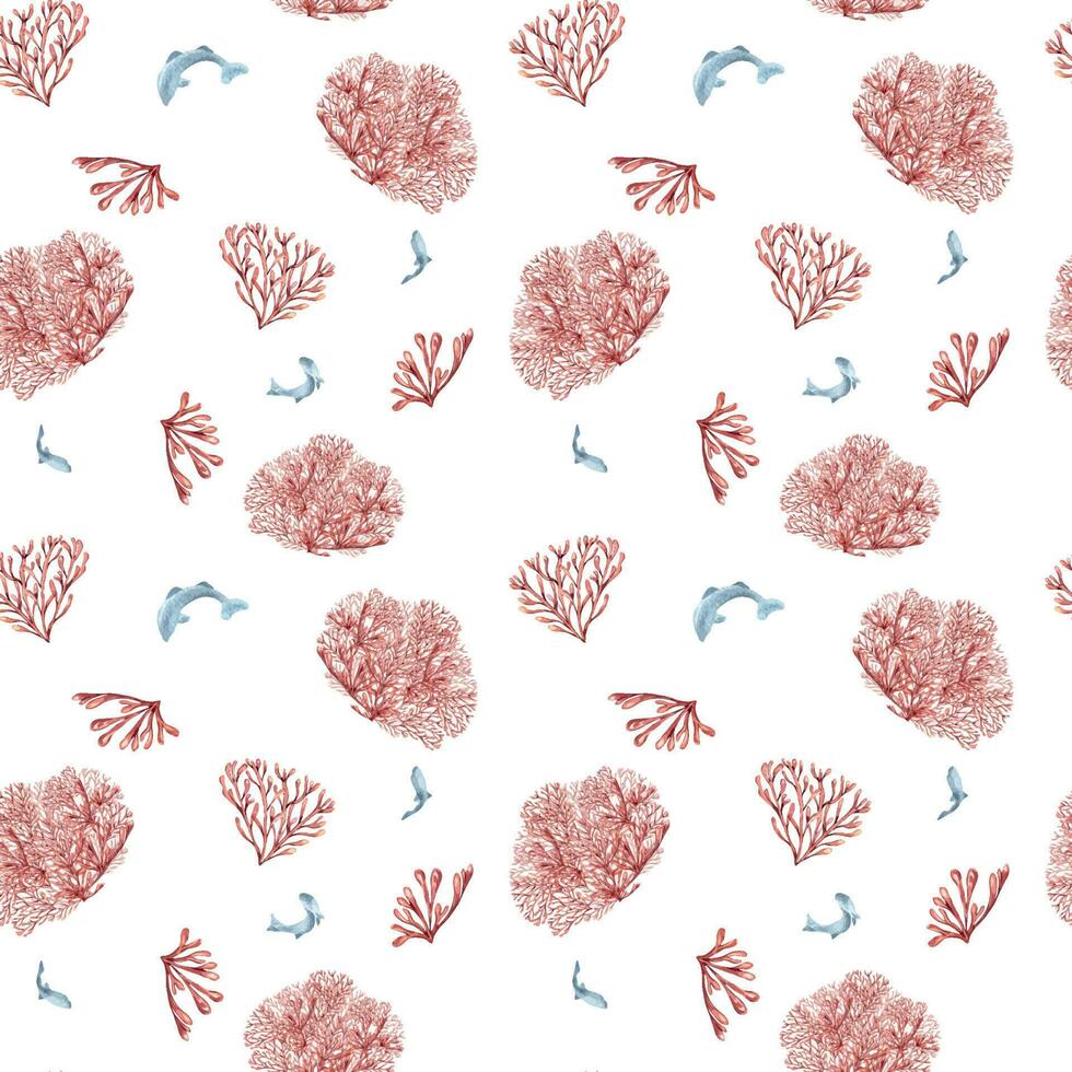 Seamless pattern of sea plants, coral watercolor isolated on white background. Pink agar agar seaweed and fish hand drawn. Design element for package, textile, paper, wrapping, marine collection vector