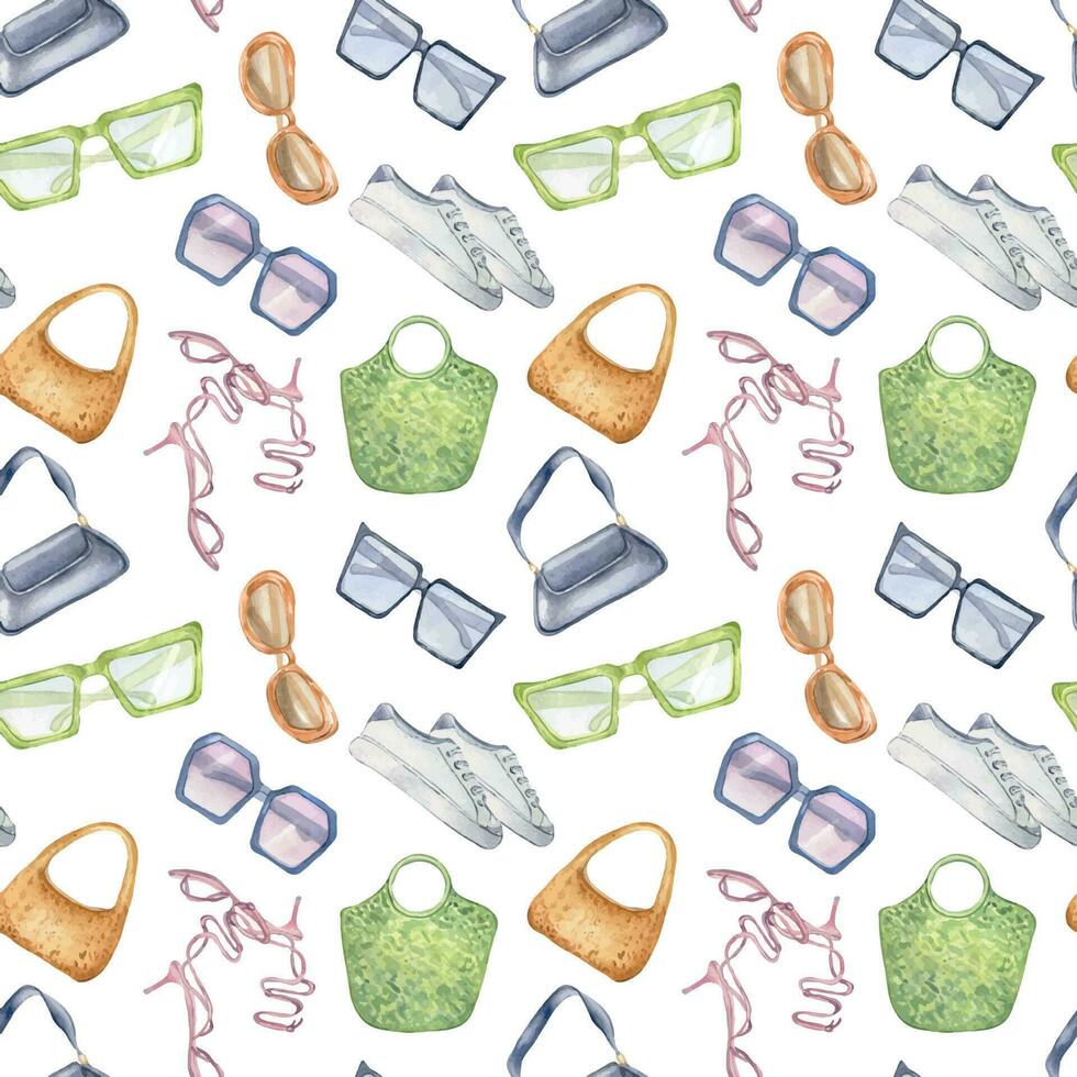 Woman's summer outfit seamless pattern isolated on white. Woman's collection of shoes, footwear, glasses, bags watercolor hand drawn. Design for shop, sale, textile, packaging, showcase, summer print vector