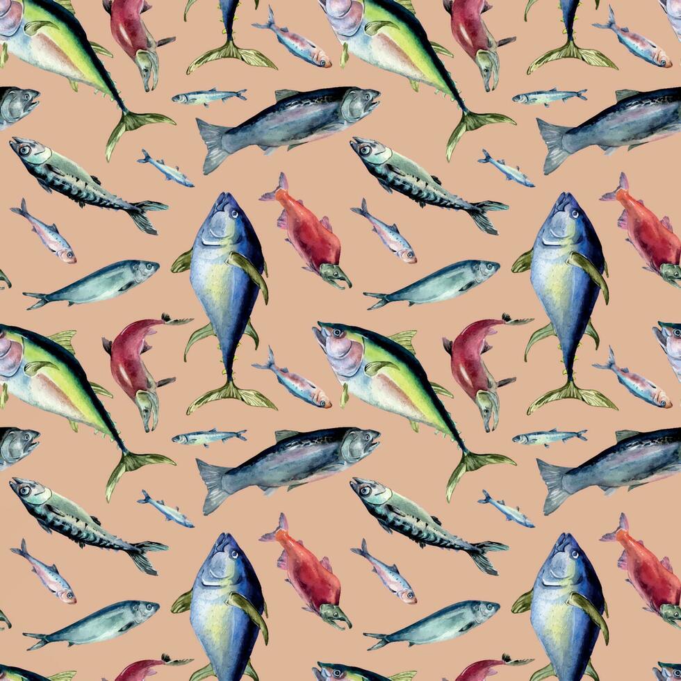 varios mar peces sin costura modelo acuarela ilustración aislado en rosado. salvaje pez, atún, salmón, arenque, anchoa mano dibujado. diseño elemento para textil, embalaje, papel, envase, antecedentes vector