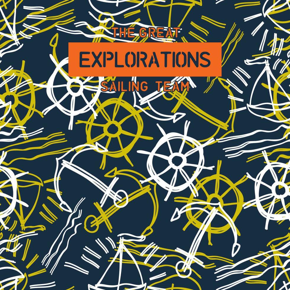 exploration lettering seamless pattern, vector ship's wheel graphic background for print fabric and other use