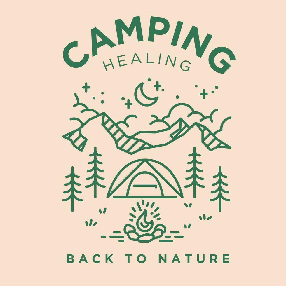 camping healing vintage monoline scene illustration include tent,bonfire,mountain,moon night vector