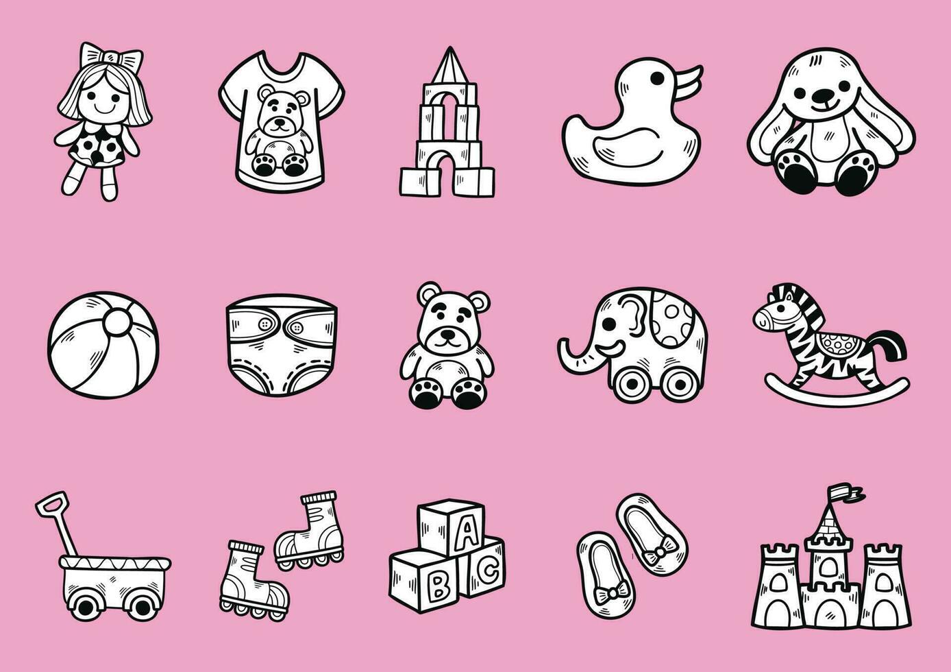 black and white hand draw childhood toy collection vector
