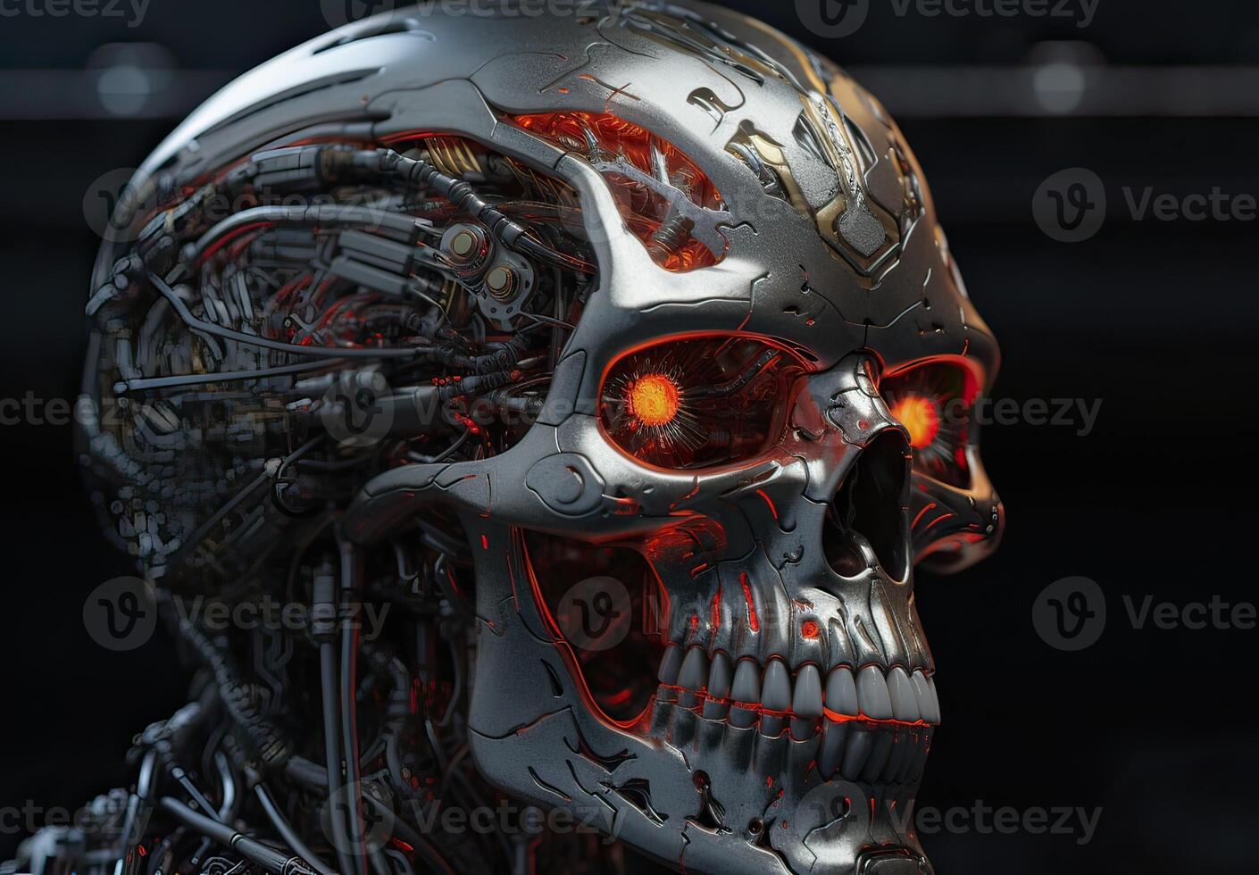 Two skulls terminator look at each other black background. . photo
