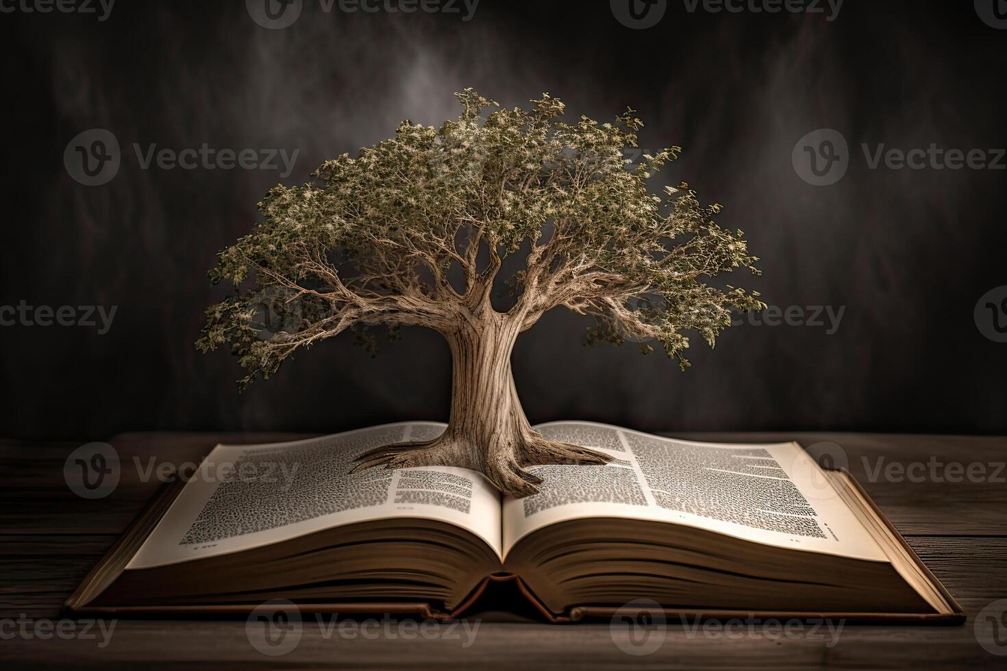 education concept with tree of knowledge planting on opening old big book in library with textbook, stack piles of text archive and aisle of bookshelves in school study class room. . photo