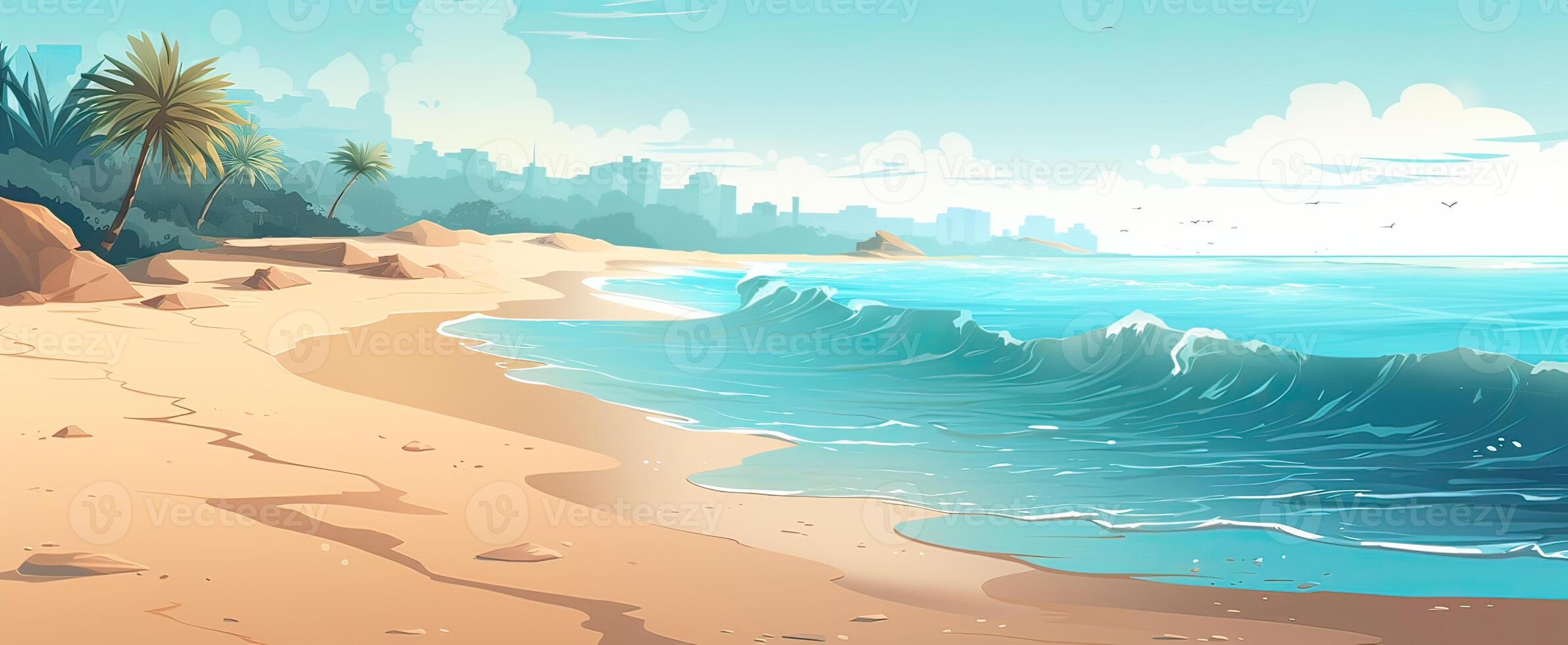 Sky and sun at sea background, ocean and beach island scenery empty cartoon. Ocean or sea water with waves and clouds in sky summer blue seascape with cloudy sky and seaside. photo