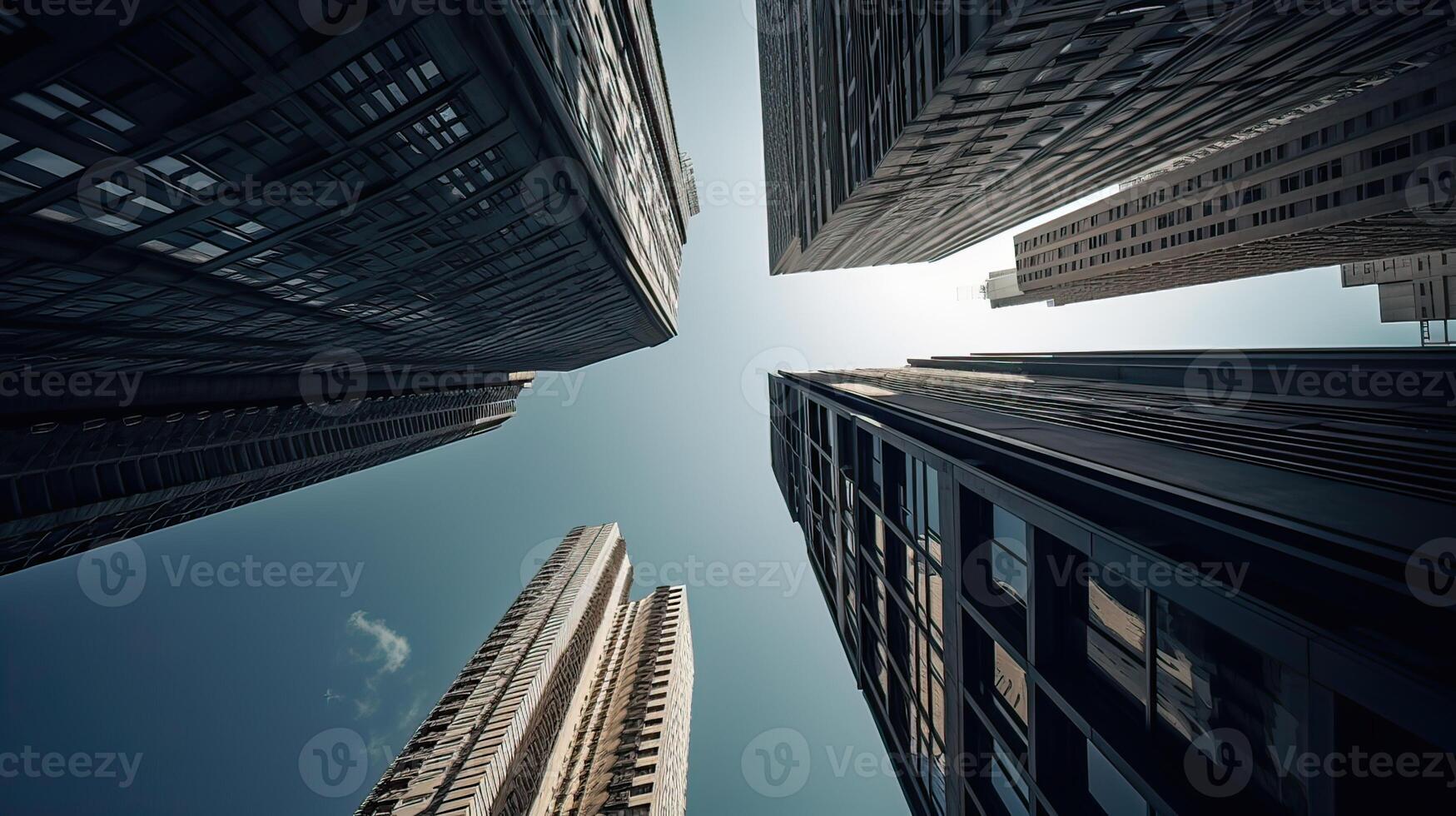 Bottom view of modern skyscrapers in business district. . photo