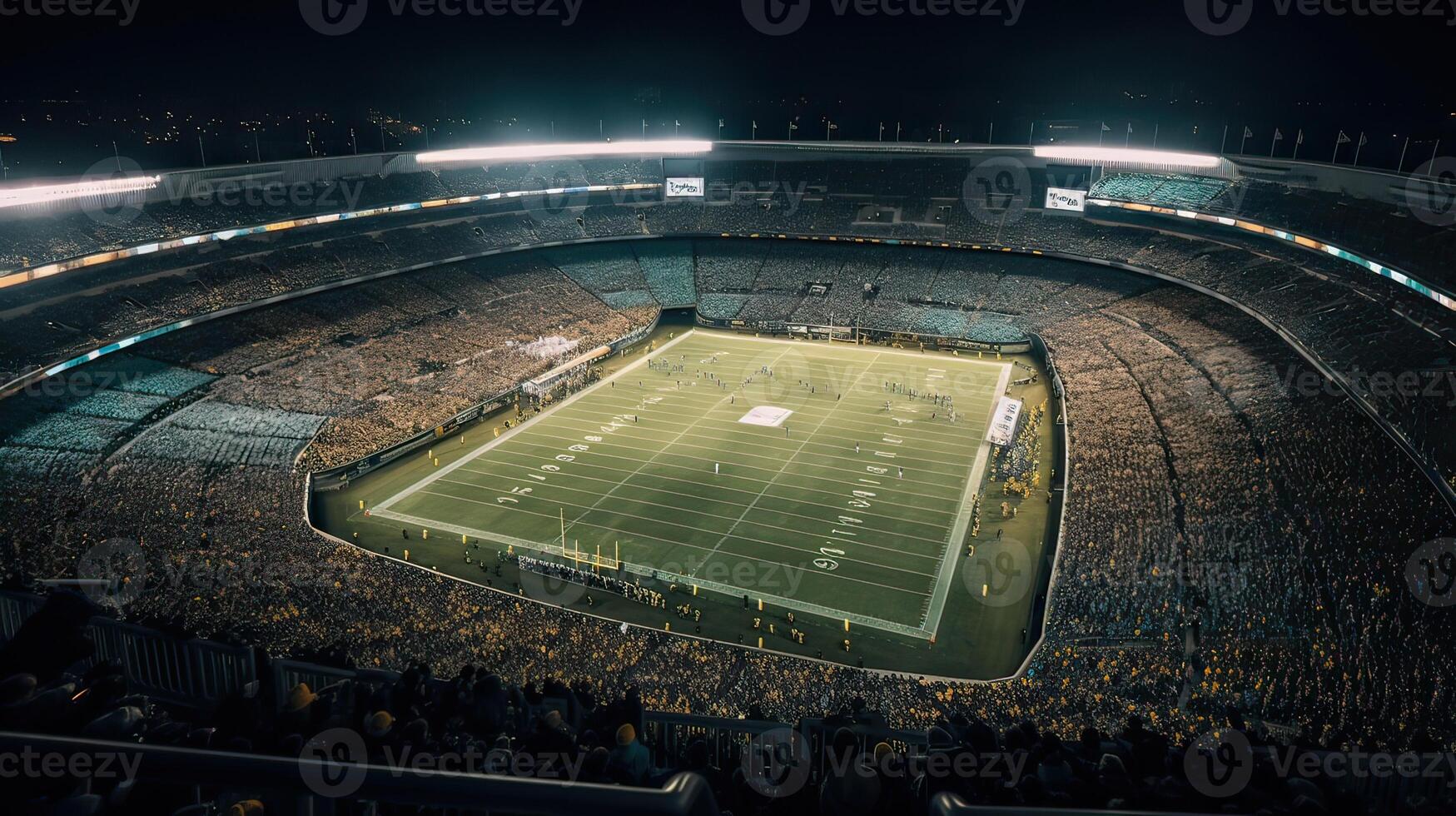 Sport match. Back view of football, soccer fans cheering their team with colorful scarfs at crowded stadium at evening time. Concept of sport, cup, world, team, event, competition. . photo