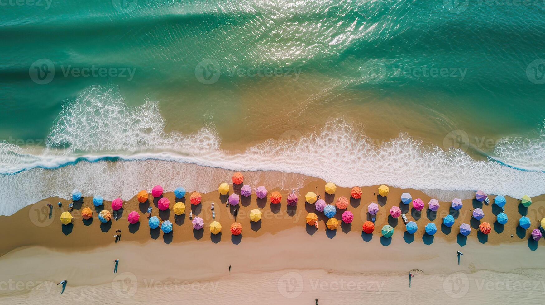 Top view of sandy beach with turquoise sea water and colorful blue umbrellas, aerial drone shot. . photo