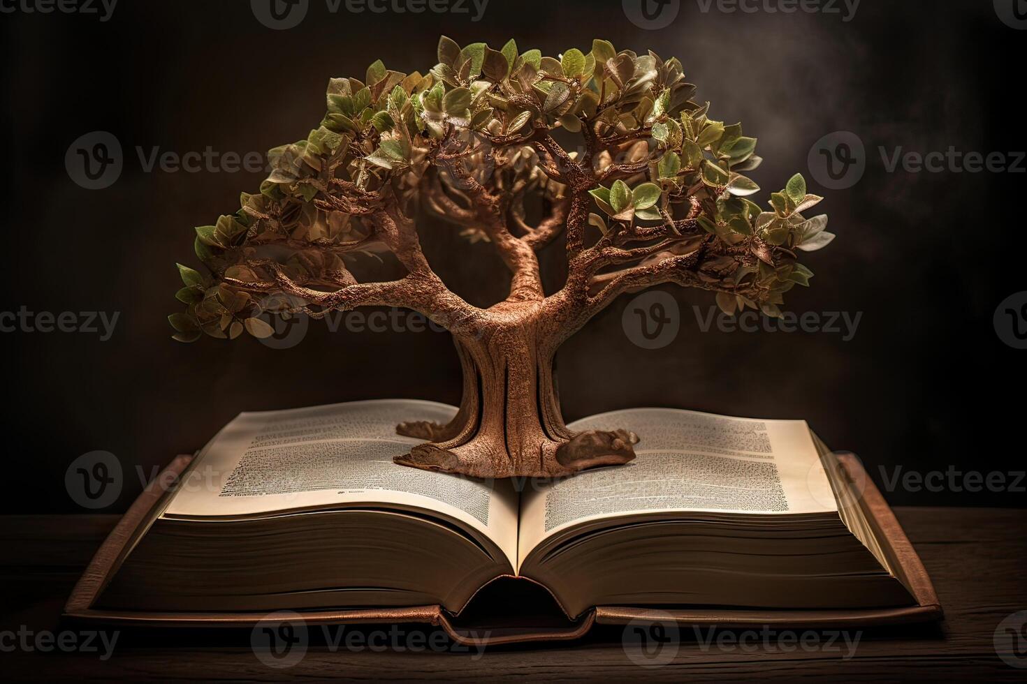 education concept with tree of knowledge planting on opening old big book in library with textbook, stack piles of text archive and aisle of bookshelves in school study class room. . photo