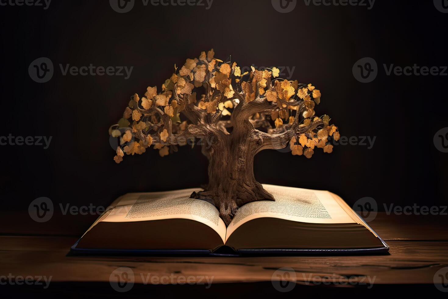 education concept with tree of knowledge planting on opening old big book in library with textbook, stack piles of text archive and aisle of bookshelves in school study class room. . photo