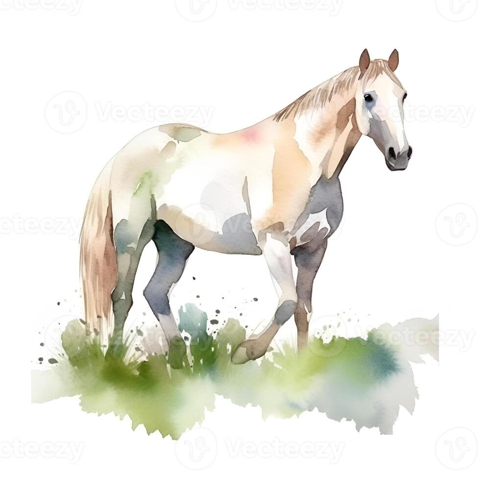 content, Watercolor white horse in green grass on a white background. Horse illustration. White background, isolated object. photo