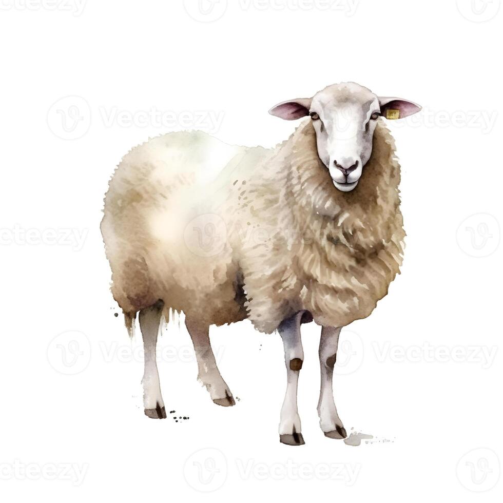 content, white Sheep, hand-drawn, watercolor technique. On a white background, isolated object photo