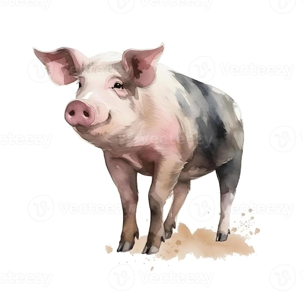 content, Watercolor cute pig isolated on white background. Hand drawn pig illustration. photo