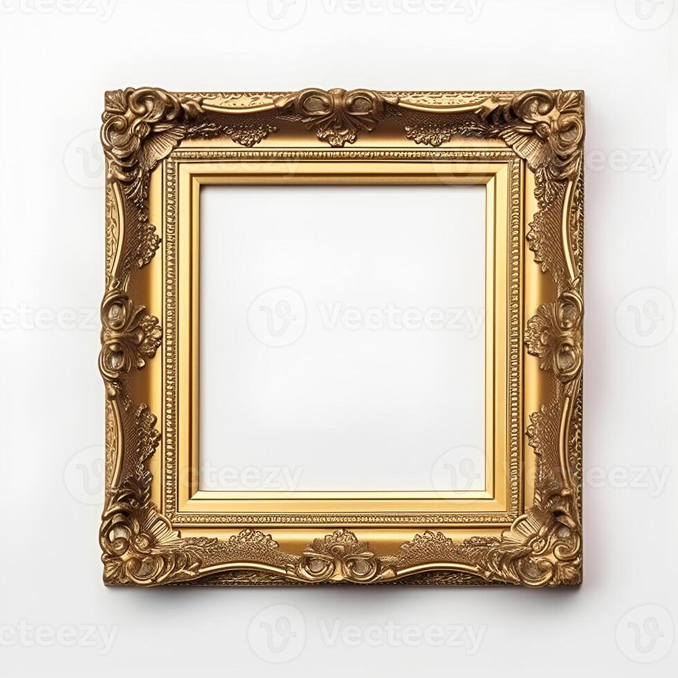 content, vintage gold frame in boroque style on white background, isolated object photo