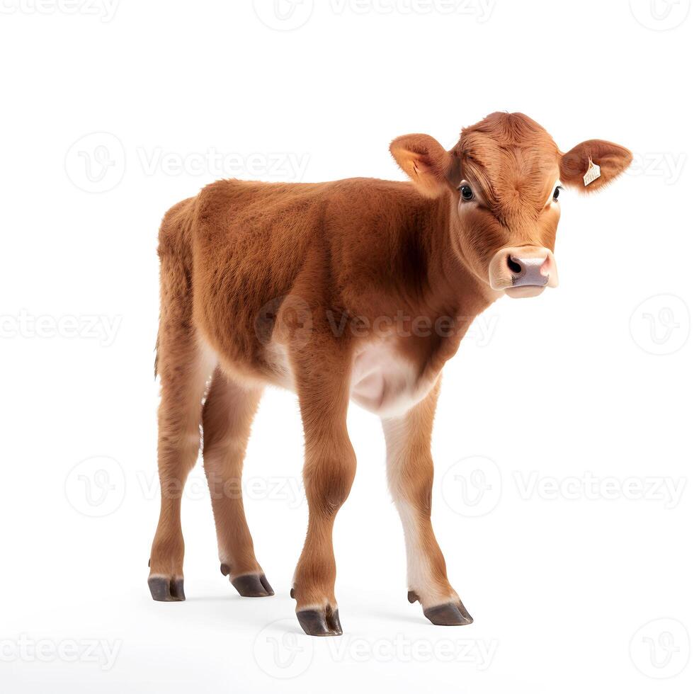 content, Front view. brown, red calf in full growth on a white background, isolated object photo