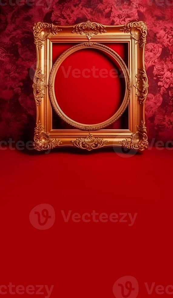 content, Banner, golden vintage frame on red velvet background. copy paste space. photo