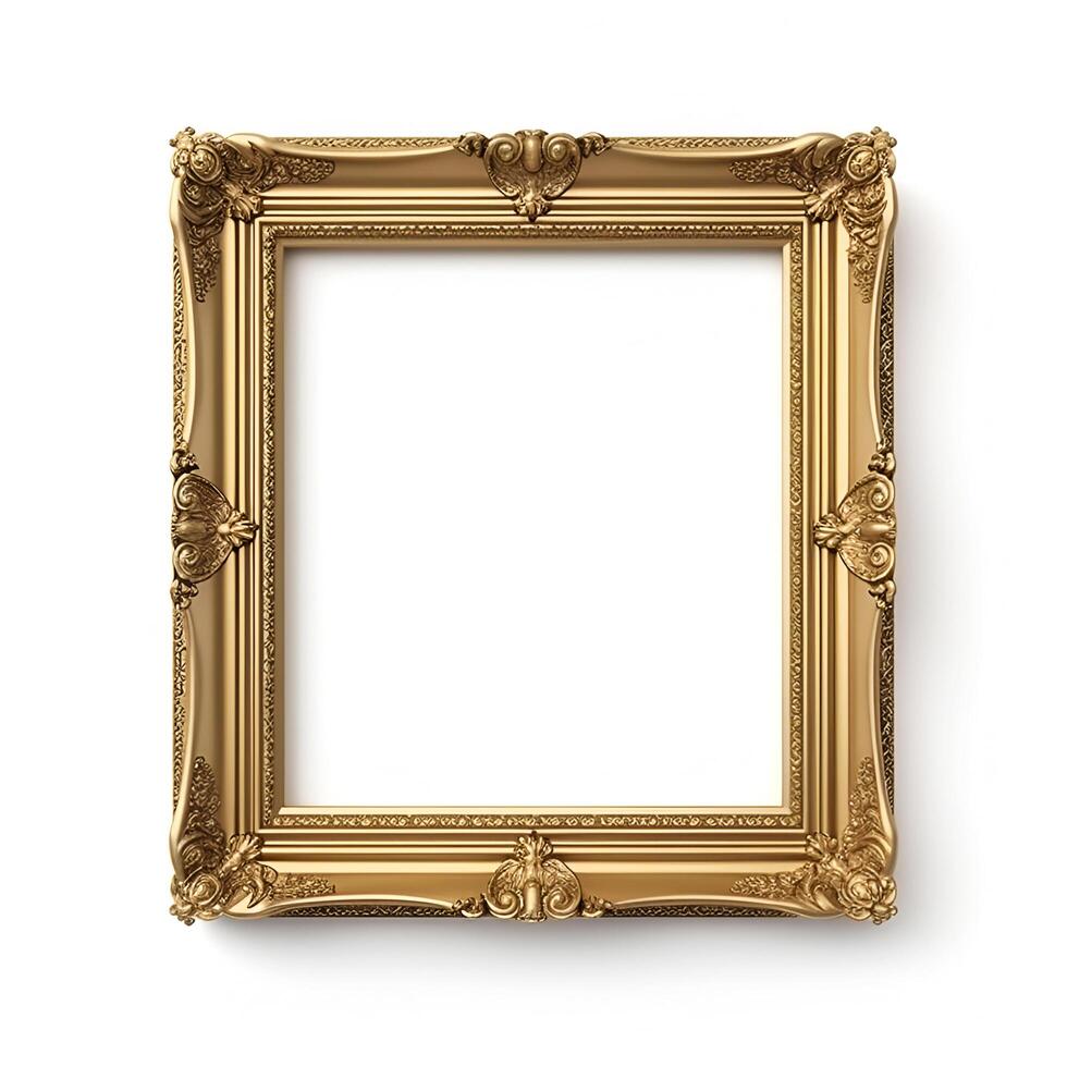 content, vintage gold frame in boroque style on white background, isolated object photo