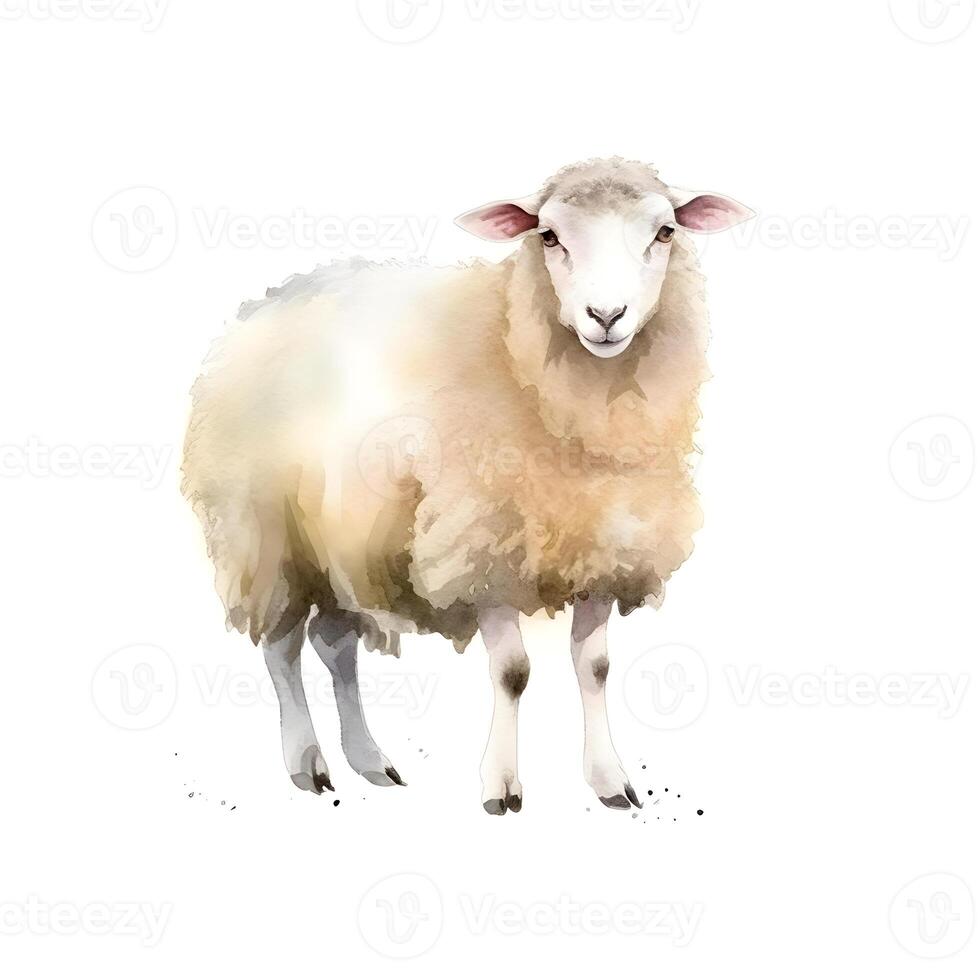 content, white Sheep, hand-drawn, watercolor technique. On a white background, isolated object photo