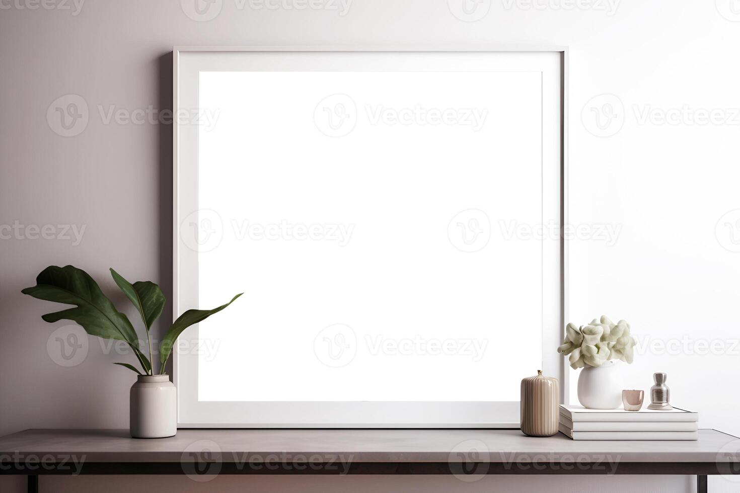 content, White empty frame mockup on white wall background. Minimalistic design, white vase and figurine next to it. photo