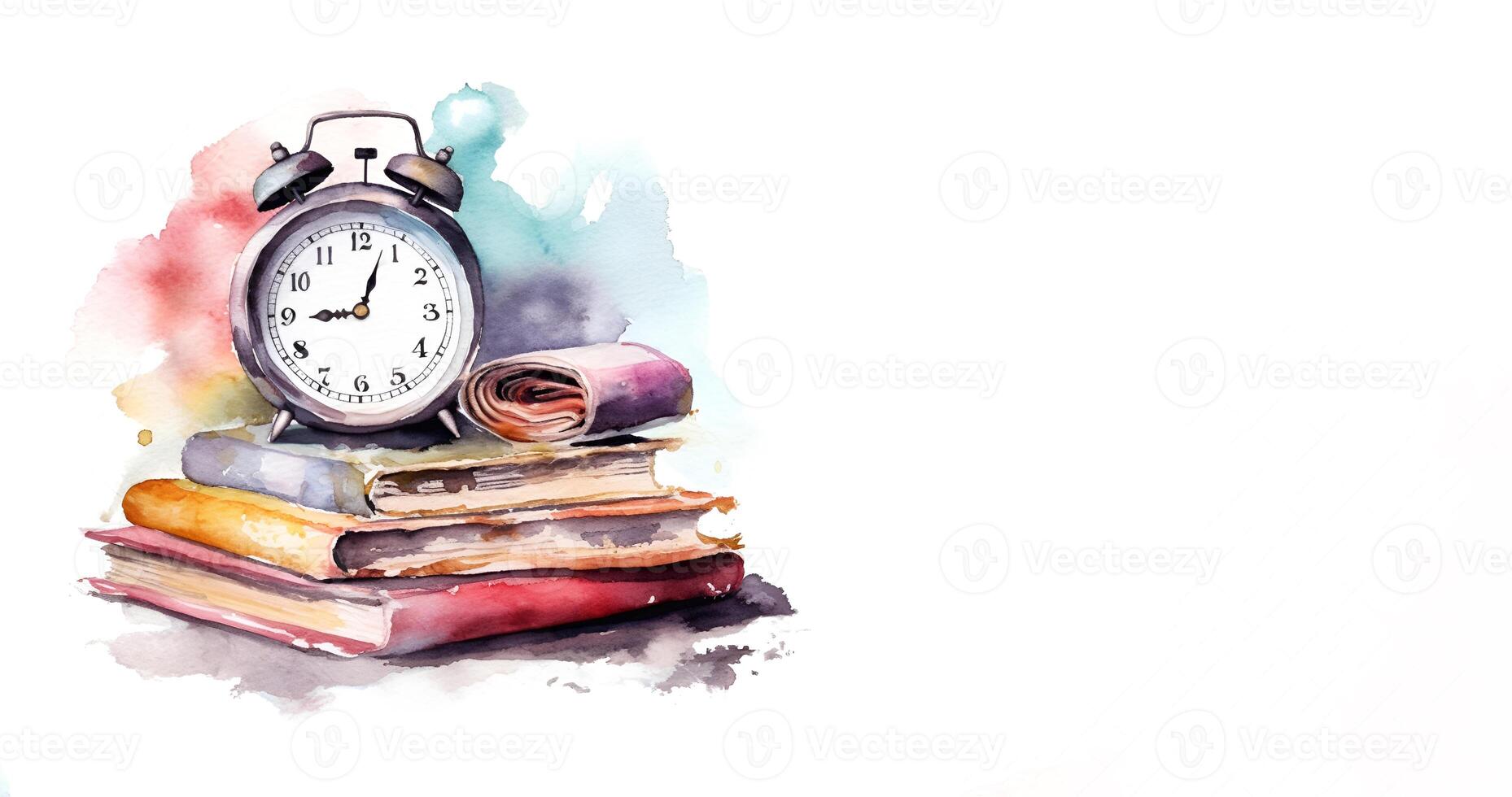 content, Ready for school concept background with books, alarm clock and accessory. Watercolor illustration isolation on white. photo