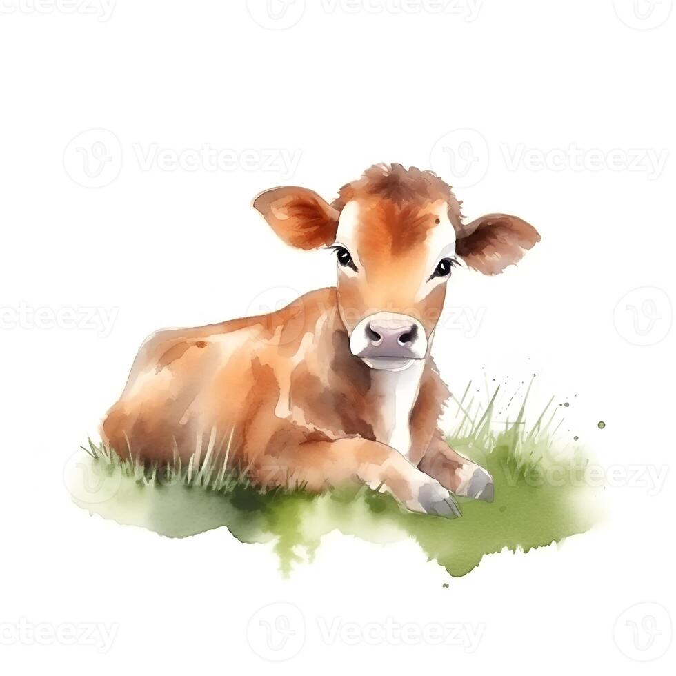 generativo ai contenido, becerro, bebé vaca en verde césped en un blanco antecedentes. acuarela ilustración foto