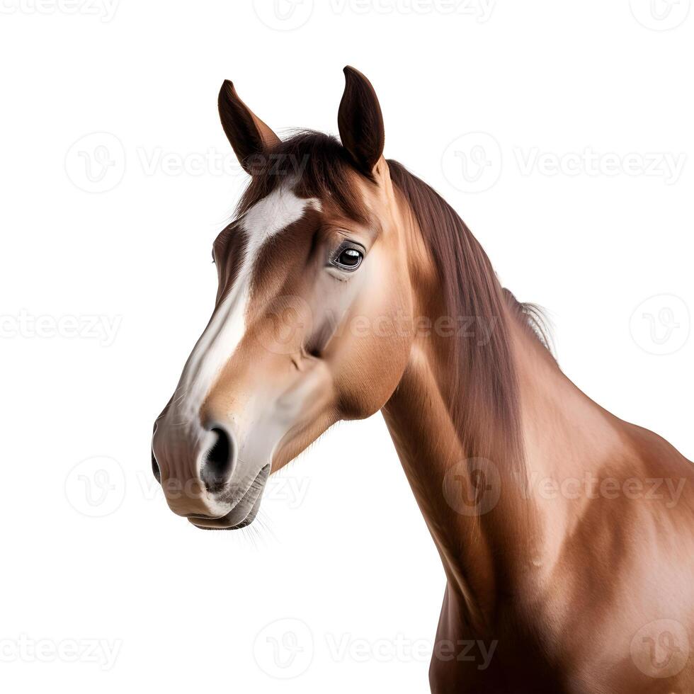content, portrait brown stallion with long mane portrait isolated on white background photo