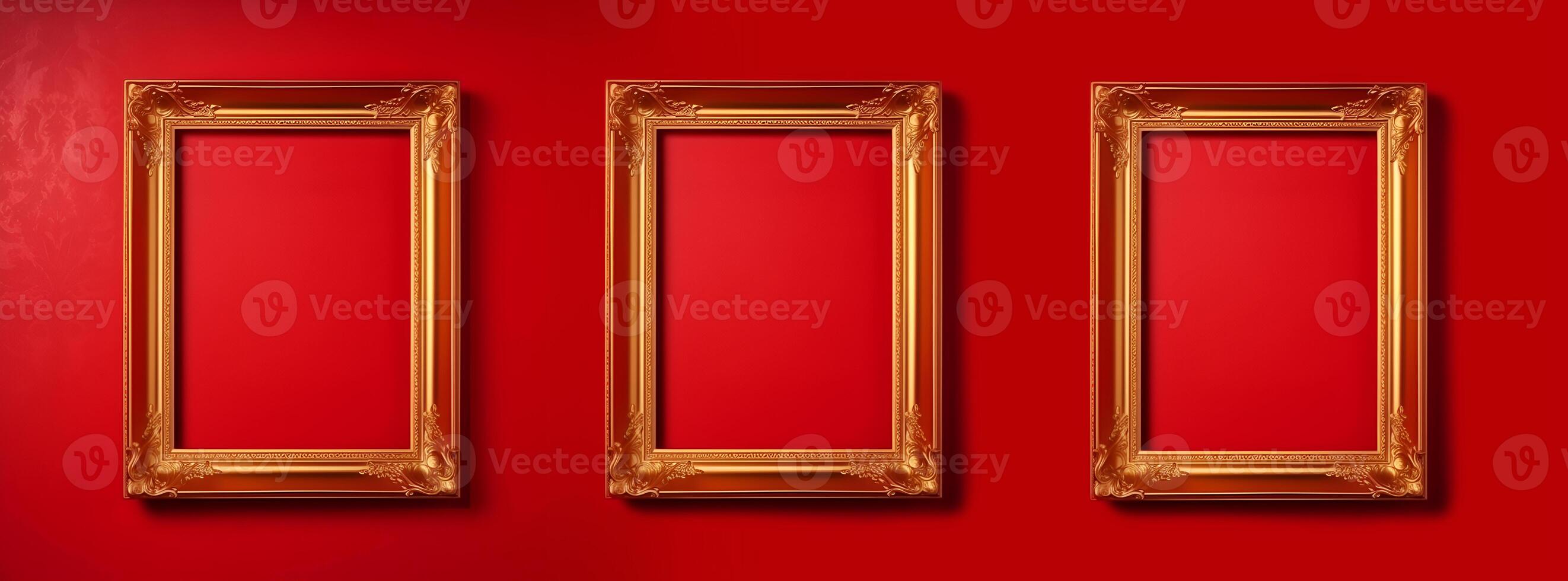 content, Banner, golden vintage frame on red velvet background. copy paste space. photo