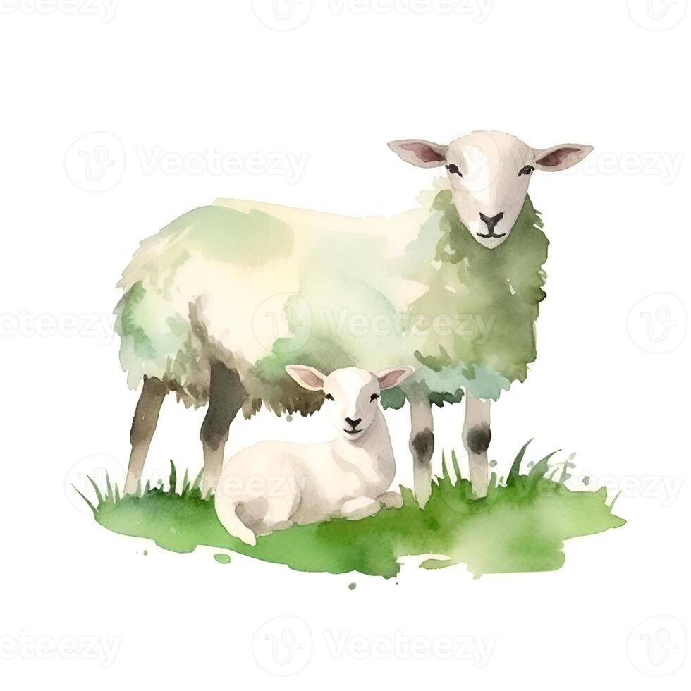 content, cute little lamb and sheep on white background watercolor illustration photo