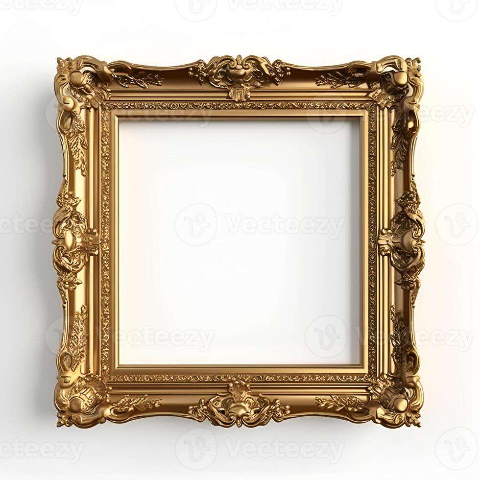 content, vintage gold frame in boroque style on white background, isolated object photo