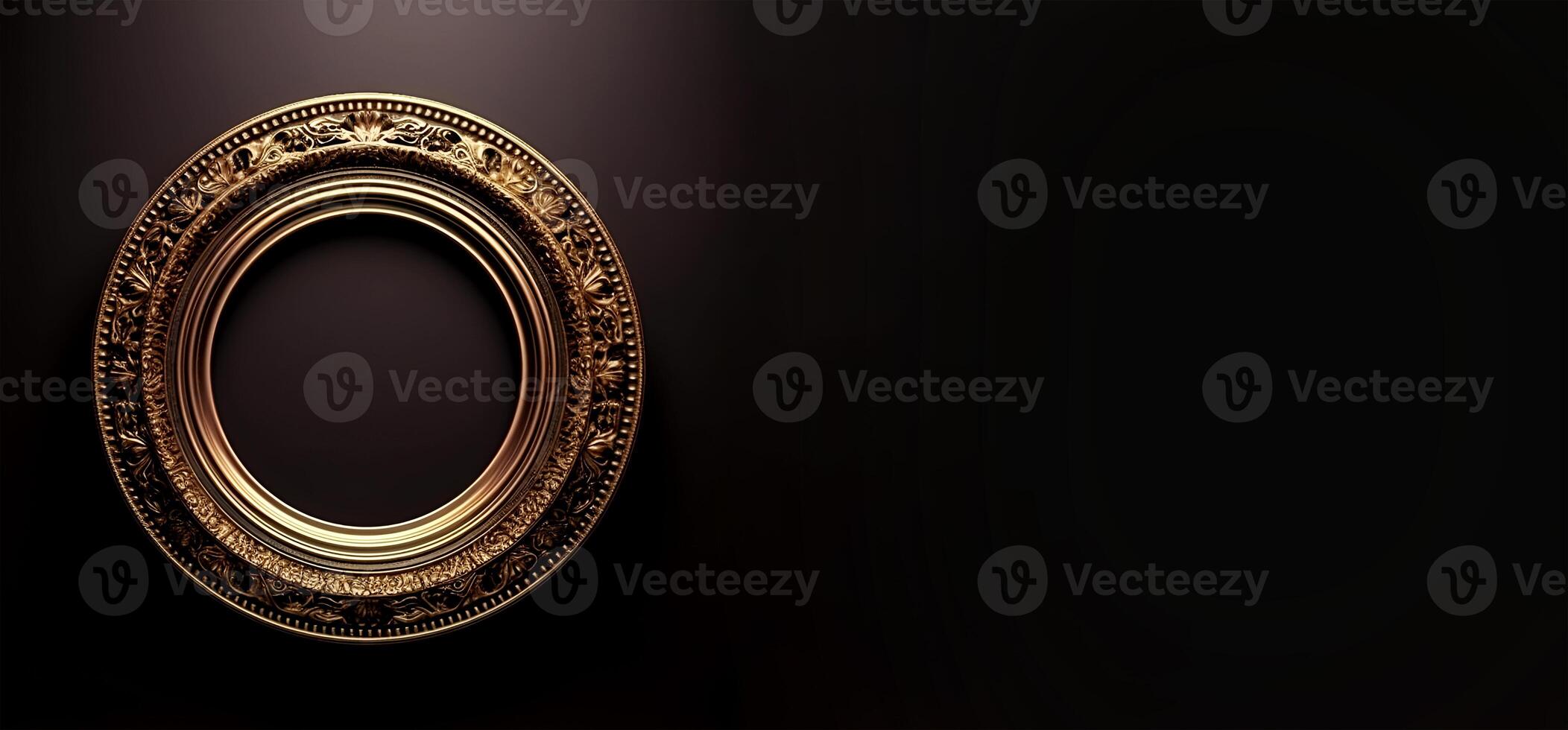 content, Round gold frame on a black background. isolated object. Vintage style. photo