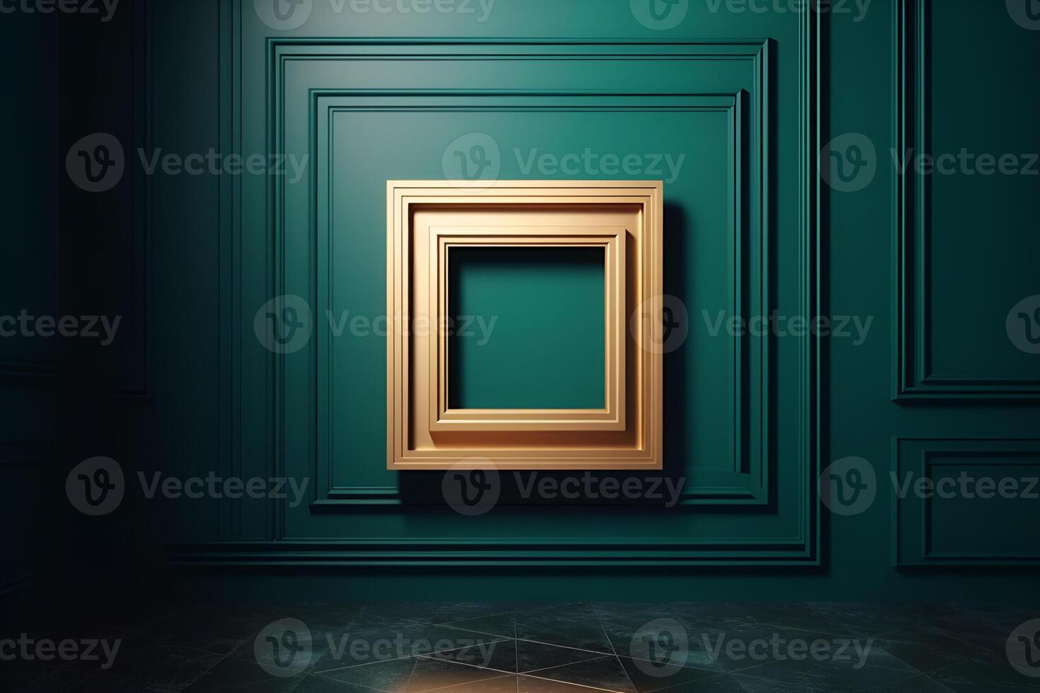 content, On the table is a golden frame with an empty center inside. Green interior in classic style. photo