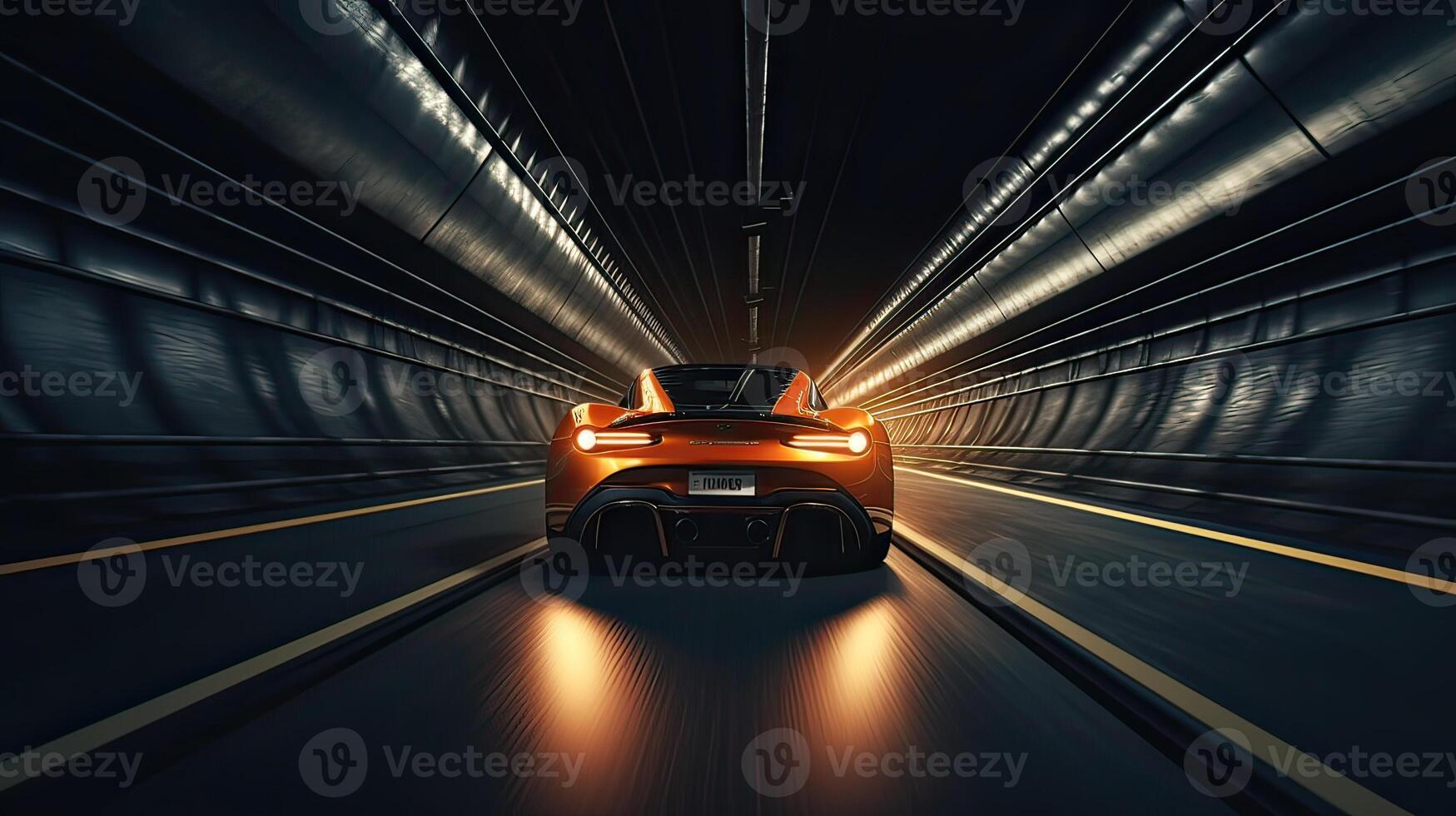 Futuristic Sports Car On Highway. Powerful acceleration of a supercar on a night track with lights and trails. 3d illustration. . photo