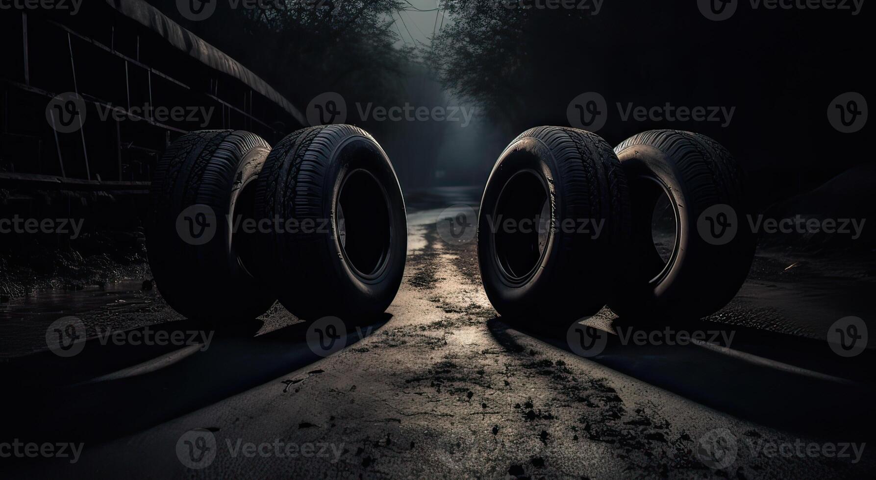 New car tires. Group of road wheels on dark background. Summer Tires with asymmetric tread design. Driving car concept. . photo