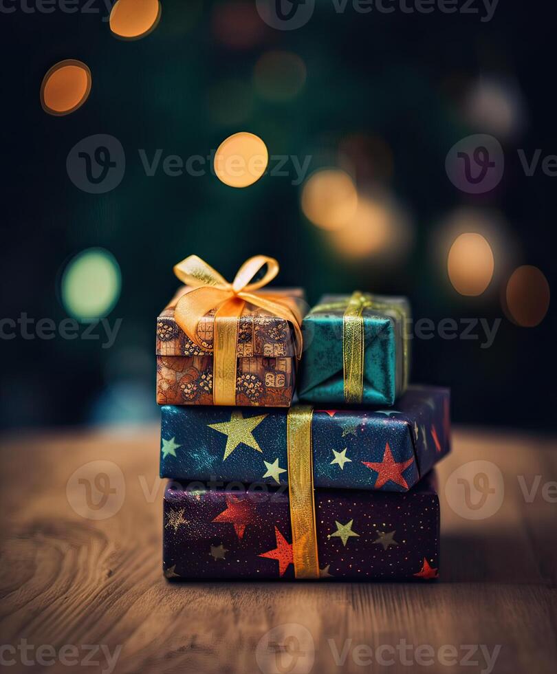 Christmas presents wrapped in red paper with gold ribbon on wooden table background and bokeh. Place for typography and logo. Copy space. . photo