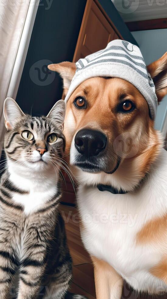 perro con gato tomando un selfie juntos. generativo ai. foto