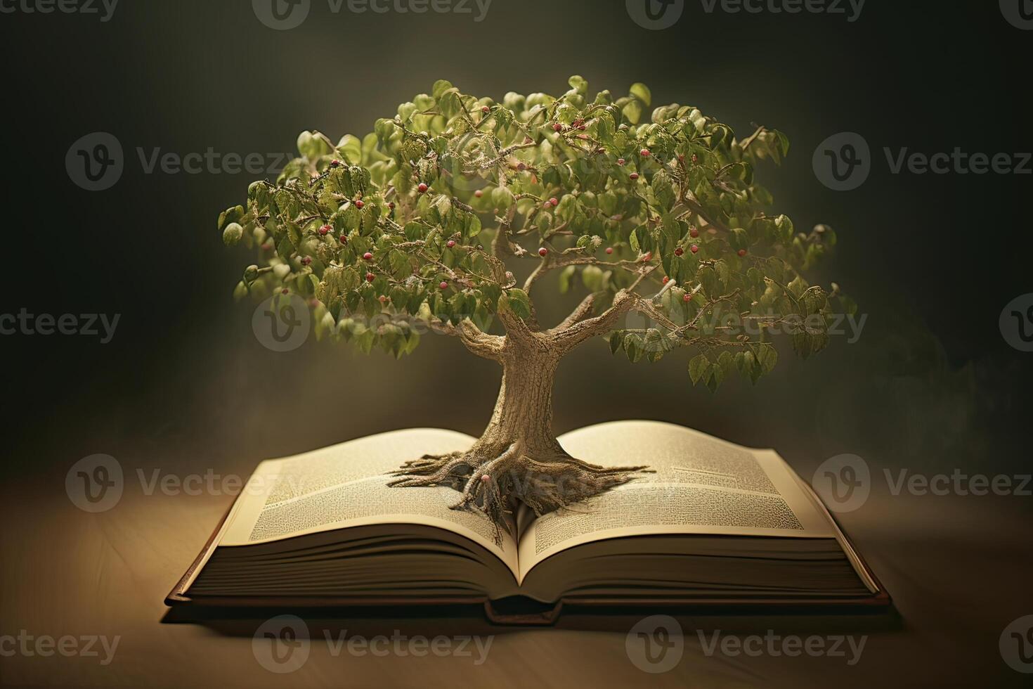 education concept with tree of knowledge planting on opening old big book in library with textbook, stack piles of text archive and aisle of bookshelves in school study class room. . photo