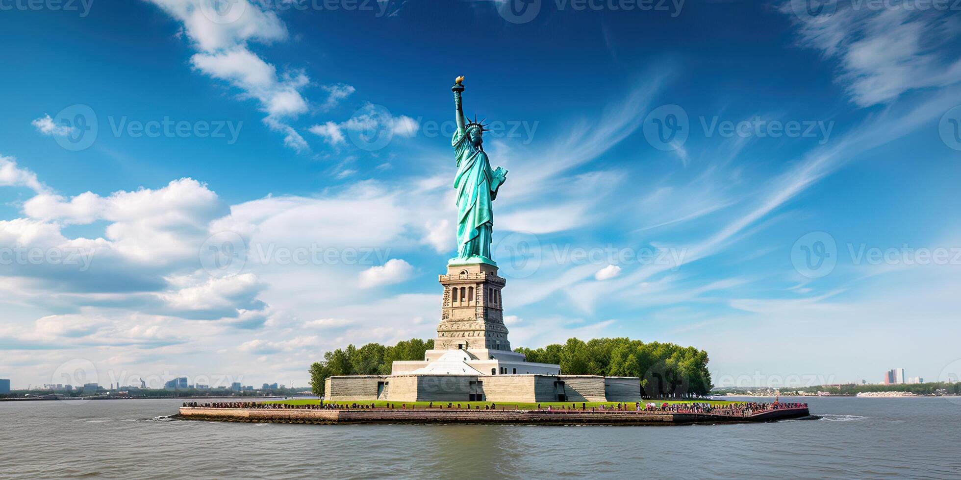 The Statue of Liberty free of tourists and New York City Downtown. . photo