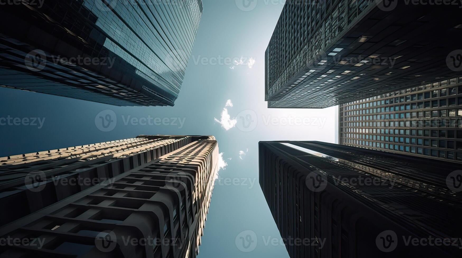 Bottom view of modern skyscrapers in business district. . photo