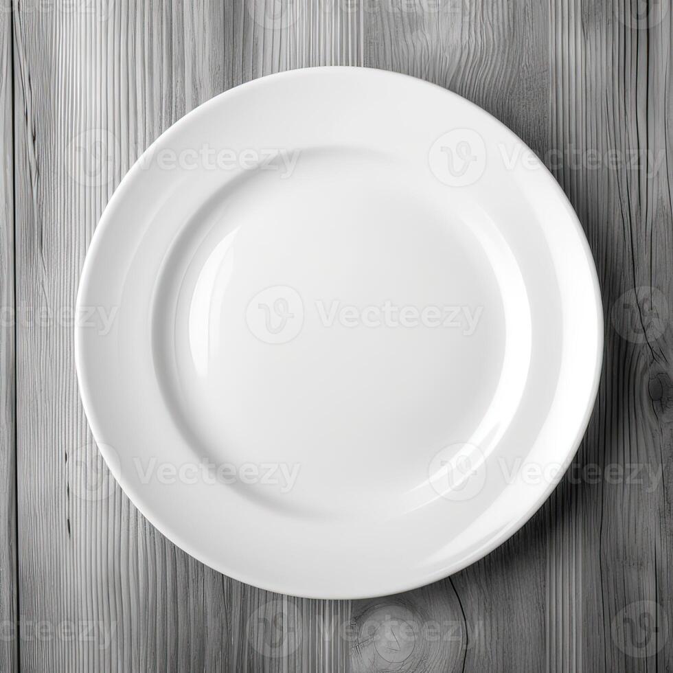 un vacío plato en un blanco de madera mesa. parte superior ver de blanco cerámico plato en blanco de madera. generativo ai. foto