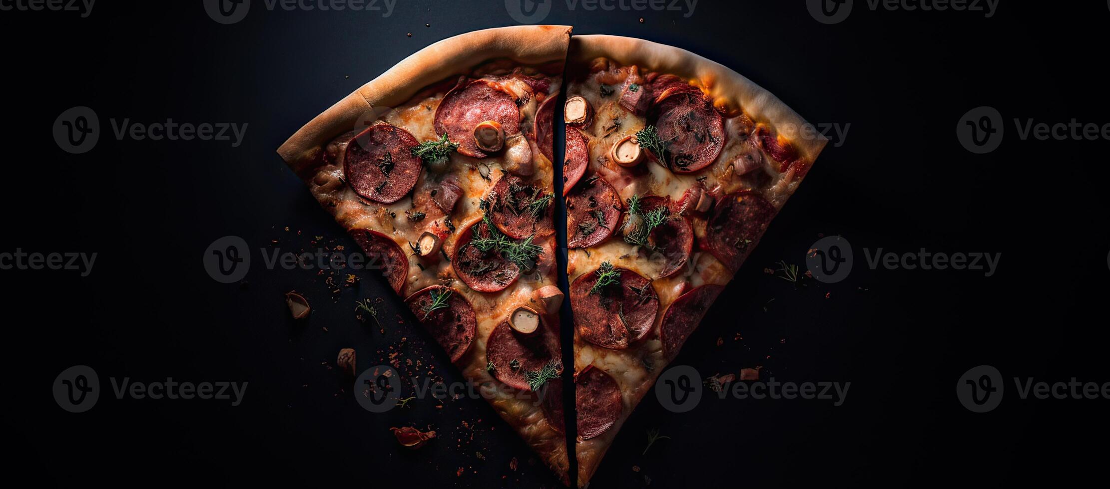Tasty pepperoni pizza and cooking ingredients tomatoes basil on black concrete background. Top view of hot pepperoni pizza. With copy space for text. Flat lay. Banner. . photo