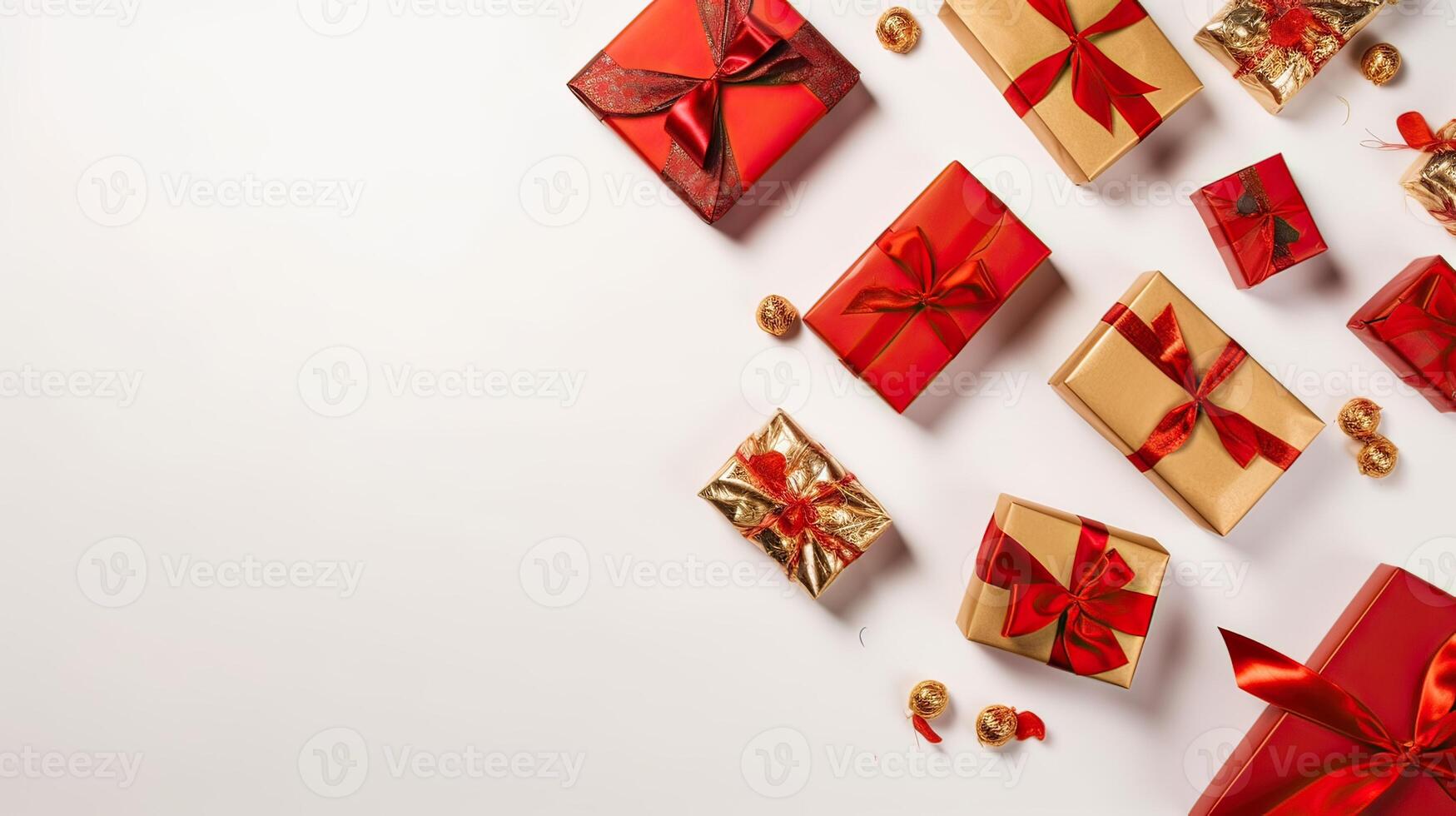 Christmas composition. Gifts, red decorations on white background. Christmas, winter, new year concept. Flat lay, top view, copy space. . photo