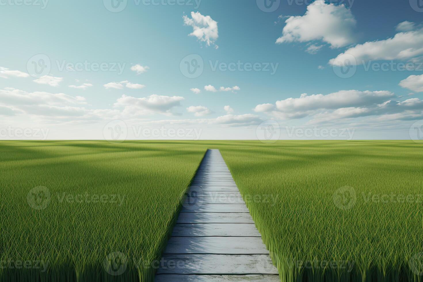 The landscape of grass fields and blue sky road leading off into the distance. . photo