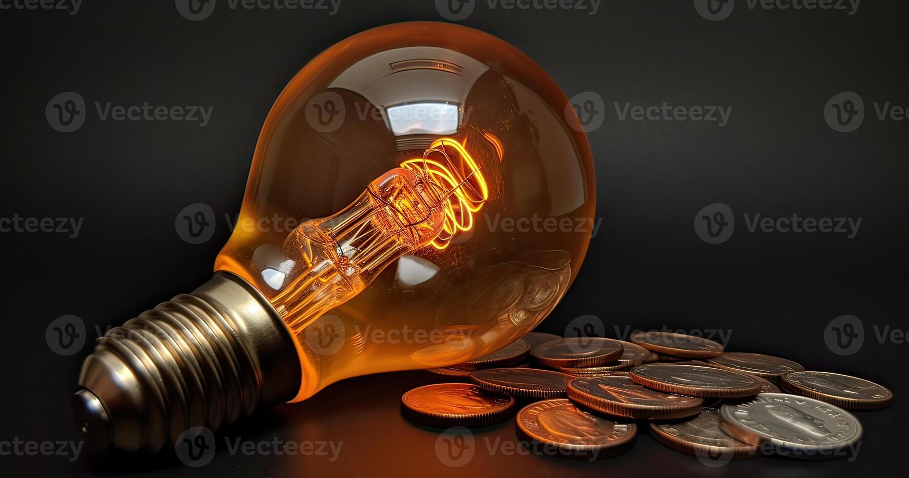 Light bulb on, with banknotes, coins and energy bill. Increase in energy and gas tariffs. Efficiency and energy saving. photo