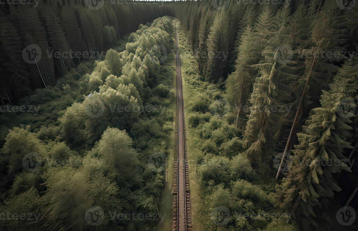 Top view of green forest landscape wallpaper art. Aerial nature scene of pine trees and asphalt road banner design. Countryside path trough coniferous wood form above. . photo