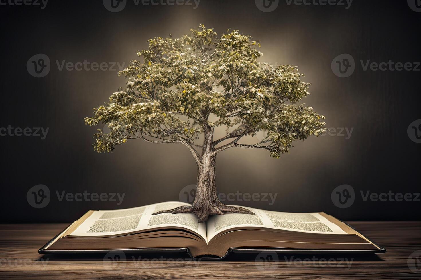 education concept with tree of knowledge planting on opening old big book in library with textbook, stack piles of text archive and aisle of bookshelves in school study class room. . photo