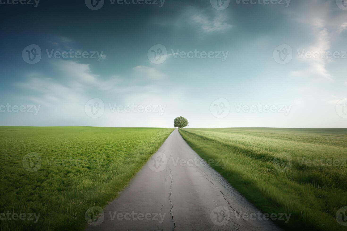 The landscape of grass fields and blue sky road leading off into the distance. . photo