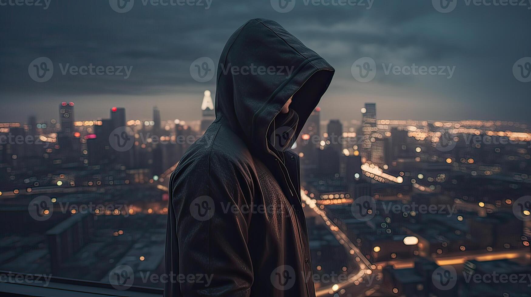 A faceless thief in unrecognizable hoodie standing in the middle of the night in front of the city concept. . photo