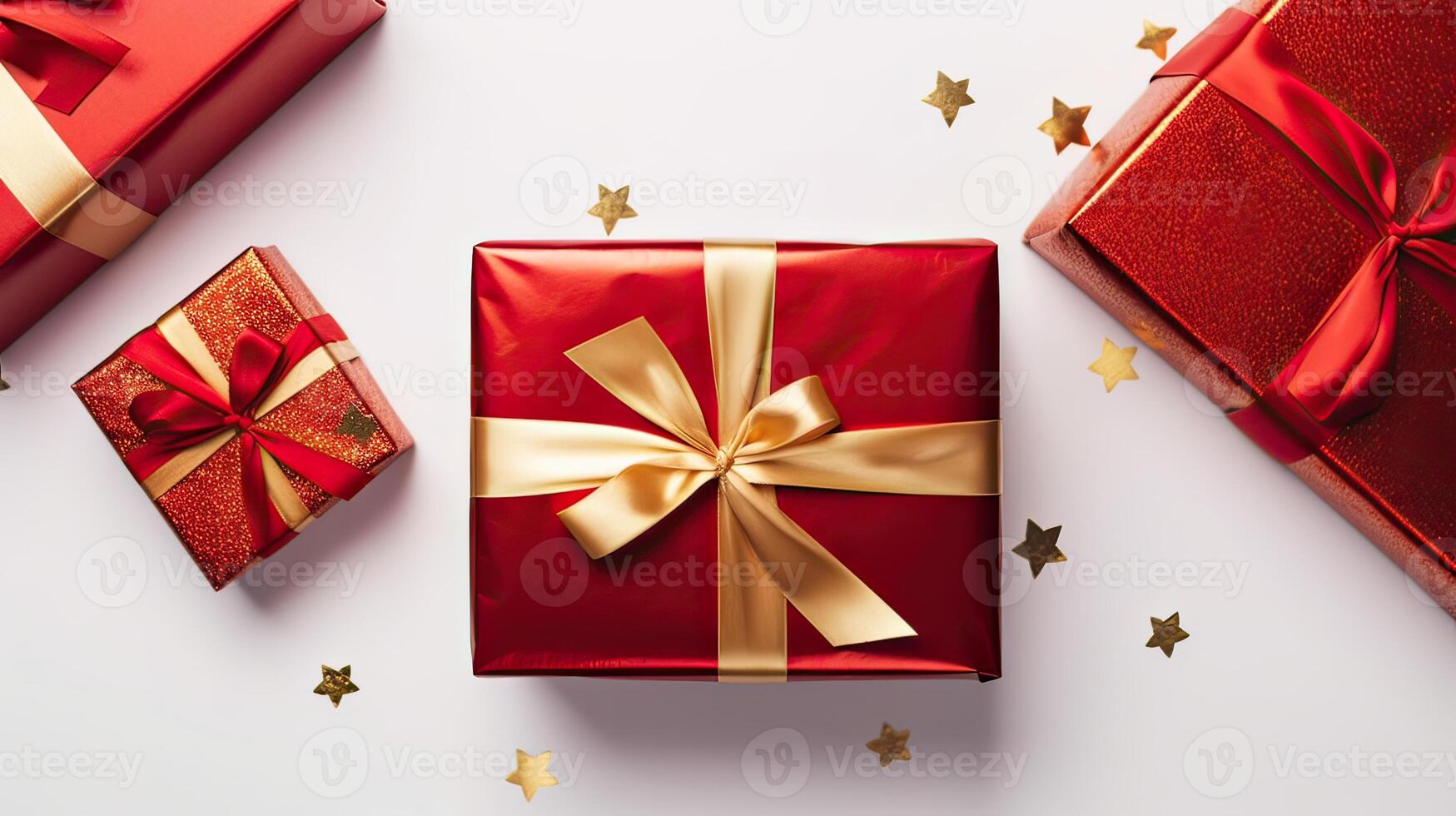 Christmas composition. Gifts, red decorations on white background. Christmas, winter, new year concept. Flat lay, top view, copy space. . photo