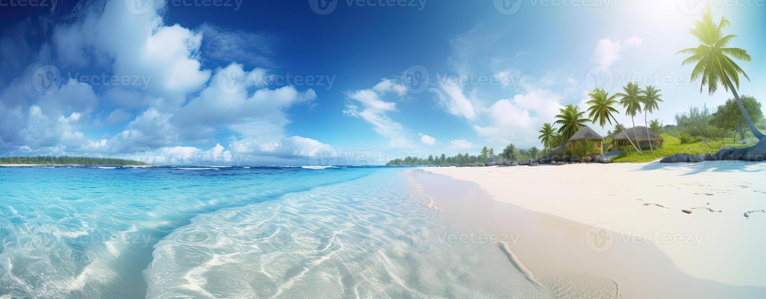 Sky and sun at sea background, ocean and beach island scenery empty cartoon. Ocean or sea water with waves and clouds in sky summer blue seascape with cloudy sky and seaside. photo