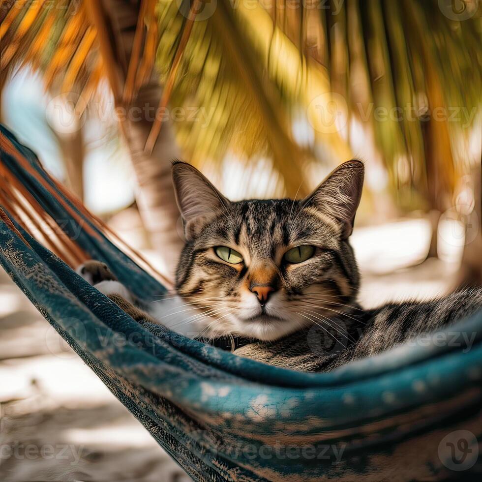 cute cat lying in hammock on beach with palm trees. Cute cat on vacation lying in hammock on beach with palm trees. . photo